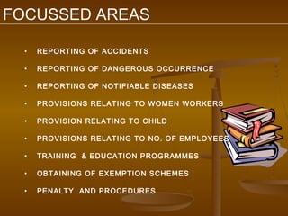 FOCUSSED AREAS

  •   REPORTING OF ACCIDENTS

  •   REPORTING OF DANGEROUS OCCURRENCE

  •   REPORTING OF NOTIFIABLE DISEASES

  •   PROVISIONS RELATING TO WOMEN WORKERS

  •   PROVISION RELATING TO CHILD

  •   PROVISIONS RELATING TO NO. OF EMPLOYEES

  •   TRAINING & EDUCATION PROGRAMMES

  •   OBTAINING OF EXEMPTION SCHEMES

  •   PENALTY AND PROCEDURES
 