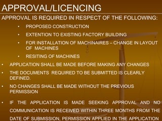 APPROVAL/LICENCING
APPROVAL IS REQUIRED IN RESPECT OF THE FOLLOWING:
       •   PROPOSED CONSTRUCTION
       •   EXTENTION TO EXISTING FACTORY BUILDING
       •   FOR INSTALLATION OF MACHINAIRES – CHANGE IN LAYOUT
           OF MACHINES
       •   RESITING OF MACHINES
•   APPLICATION SHALL BE MADE BEFORE MAKING ANY CHANGES
•   THE DOCUMENTS REQUIRED TO BE SUBMITTED IS CLEARLY
    DEFINED.
•   NO CHANGES SHALL BE MADE WITHOUT THE PREVIOUS
    PERMISSION

•   IF THE APPLICATION IS MADE SEEKING APPROVAL AND NO
    COMMUNICATION IS RECEIVED WITHIN THREE MONTHS FROM THE
    DATE OF SUBMISSION, PERMISSION APPLIED IN THE APPLICATION
 