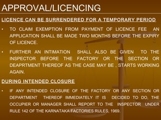 APPROVAL/LICENCING
LICENCE CAN BE SURRENDERED FOR A TEMPORARY PERIOD

•   TO CLAIM EXEMPTION FROM PAYMENT OF LICENCE FEE AN
    APPLICATION SHALL BE MADE TWO MONTHS BEFORE THE EXPIRY
    OF LICENCE.

•   FURTHER AN INTIMATION   SHALL ALSO BE GIVEN     TO THE
    INSPECTOR BEFORE THE FACTORY OR THE SECTION OR
    DEAPRTMENT THEREOF AS THE CASE MAY BE , STARTS WORKING
    AGAIN.

DURING INTENDED CLOSURE

•   IF ANY INTENDED CLOSURE OF THE FACTORY OR ANY SECTION OR
    DEPARTMENT    THEREOF IMMEDIATELY IT IS     DECIDED TO DO, THE
    OCCUPIER OR MANAGER SHALL REPORT TO THE       INSPECTOR   UNDER
    RULE 142 OF THE KARNATAKA FACTORIES RULES, 1969.
 