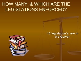 HOW MANY & WHICH ARE THE
 LEGISLATIONS ENFORCED?




               10 legislation's are in
                    the Quiver
 