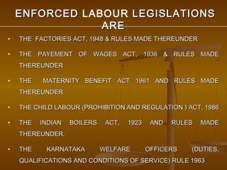 ENFORCED LABOUR LEGISLATIONS
                ARE
•   THE FACTORIES ACT, 1948 & RULES MADE THEREUNDER

•   THE PAYEMENT OF WAGES ACT, 1936 & RULES MADE
    THEREUNDER

•   THE   MATERNITY BENEFIT ACT 1961 AND RULES MADE
    THEREUNDER

•   THE CHILD LABOUR (PROHIBITION AND REGULATION ) ACT, 1986

•   THE   INDIAN   BOILERS    ACT,   1923    AND   RULES   MADE
    THEREUNDER.

•   THE    KARNATAKA         WELFARE        OFFICERS   (DUTIES,
    QUALIFICATIONS AND CONDITIONS OF SERVICE) RULE 1963
 