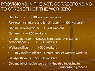 PROVISIONS IN THE ACT, CORRESPONDING
TO STRENGTH OF THE WORKERS
•   Crèche     -   > 30 women workers
•   Restroom / shelters and lunch room - > 150 workmen
•   Cooled drinking water - > 250 workers
•   Canteen - > 250 workers
•   Ambulance room – Doctor, Nurse and Dresser cum
    compounder -     > 500 workers
•   Welfare officer -    > 500 workers
    •   Lady welfare officer - > more nos. of women workers
•   Safety officer -    > 1000 workers
•   Occupational health centre – Industries involving in
                                         hazardous process
 