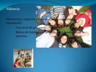 ValenciaMomentos y espacios propicios para la convivencia estudiantil:	Una serie de procesos.	Marco de limites que favorezcan el desarrollo de la 	persona.