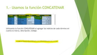 1.- Usamos la función CONCATENAR
Utilizamos la función CONCATENAR al agregar los indicios de cada término en
cuanta la marca, descripción, Código: