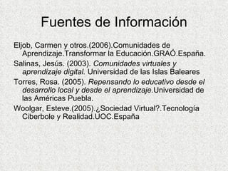 Fuentes de Información Eljob, Carmen y otros.(2006).Comunidades de Aprendizaje.Transformar la Educación.GRAÓ.España. Salinas, Jesús. (2003).  Comunidades virtuales y aprendizaje digital.  Universidad de las Islas Baleares  Torres, Rosa. (2005).  Repensando lo educativo desde el desarrollo local y desde el aprendizaje. Universidad de las Américas Puebla. Woolgar, Esteve.(2005).¿Sociedad Virtual?.Tecnología Ciberbole y Realidad.UOC.España 