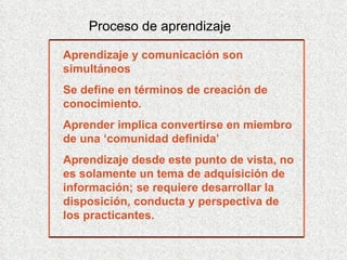 Aprendizaje y comunicación son simultáneos  Se define en términos de creación de conocimiento.  Aprender implica convertirse en miembro de una ‘comunidad definida’  Aprendizaje desde este punto de vista, no es solamente un tema de adquisición de información; se requiere desarrollar la disposición, conducta y perspectiva de los practicantes.  Proceso de aprendizaje 