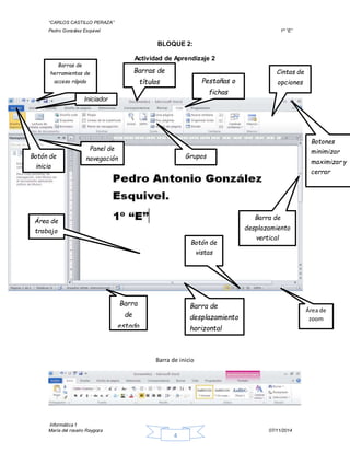 “CARLOS CASTILLO PERAZA” 
Pedro González Esquivel 1º “E” 
BLOQUE 2: 
Actividad de Aprendizaje 2 
Barra de inicio 
Informática 1 
María del rosario Raygoza 07/11/2014 
4 
Barras de 
títulos 
Barra 
de 
estado 
Pestañas o 
fichas 
Barra de 
desplazamiento 
horizontal 
Barra de 
desplazamiento 
vertical 
Barras de 
herramientas de 
acceso rápido 
Cintas de 
opciones 
Botones 
minimizar 
maximizar y 
cerrar 
Panel de 
navegación 
Área de 
trabajo 
Botón de 
vistas 
Área de 
zoom 
Botón de 
inicio 
Grupos 
Iniciador 
 