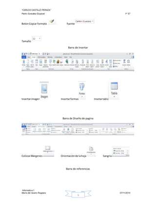 “CARLOS CASTILLO PERAZA” 
Pedro González Esquivel 1º “E” 
Informática 1 
María del rosario Raygoza 07/11/2014 
5 
Boton Copiar formato fuente 
Tamaño 
Barra de Insertar 
Insertar imagen Insertar formas Insetar tabla 
Barra de Diseño de pagina 
Colocar Margenes Orientación de la hoja Sangria 
Barra de referencias 
 