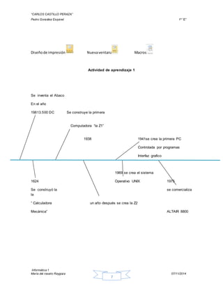 “CARLOS CASTILLO PERAZA” 
Pedro González Esquivel 1º “E” 
Diseño de impresión Nueva ventana Macros 
Actividad de aprendizaje 1 
Informática 1 
María del rosario Raygoza 07/11/2014 
7 
Se inventa el Abaco 
En el año 
19813.500 DC Se construye la primera 
Computadora “la Z1” 
1938 1941se crea la primera PC Controlada por programas Interfaz grafico 1969 se crea el sistema 
1624 Operativo UNIX 1975 
Se construyó la se comercializa 
la 
” Calculadora un año después se crea la Z2 
Mecánica” ALTAIR 8800 
 