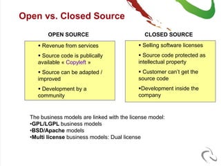 Open vs. Closed Source
         OPEN SOURCE                           CLOSED SOURCE

      Revenue from services                  Selling software licenses
      Source code is publically              Source code protected as
     available « Copyleft »                  intellectual property
      Source can be adapted /                Customer can’t get the
     improved                                source code
      Development by a                      Development inside the
     community                               company



  The business models are linked with the license model:
  •GPL/LGPL business models
  •BSD/Apache models
  •Multi license business models: Dual license
 