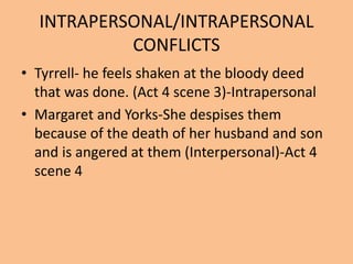 INTRAPERSONAL/INTRAPERSONAL
CONFLICTS
• Tyrrell- he feels shaken at the bloody deed
that was done. (Act 4 scene 3)-Intrapersonal
• Margaret and Yorks-She despises them
because of the death of her husband and son
and is angered at them (Interpersonal)-Act 4
scene 4
 