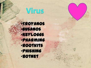 •Troyanos
•Gusanos
•Keyloggs
•Pharming
•Rootkits
•Phishing
•Botnet
 