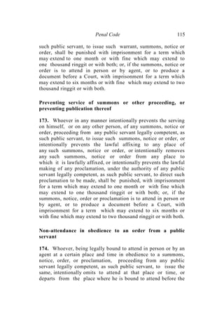 Penal Code 115
such public servant, to issue such warrant, summons, notice or
order, shall be punished with imprisonment for a term which
may extend to one month or with fine which may extend to
one thousand ringgit or with both; or, if the summons, notice or
order is to attend in person or by agent, or to produce a
document before a Court, with imprisonment for a term which
may extend to six months or with fine which may extend to two
thousand ringgit or with both.
Preventing service of summons or other proceeding, or
preventing publication thereof
173. Whoever in any manner intentionally prevents the serving
on himself, or on any other person, of any summons, notice or
order, proceeding from any public servant legally competent, as
such public servant, to issue such summons, notice or order, or
intentionally prevents the lawful affixing to any place of
any such summons, notice or order, or intentionally removes
any such summons, notice or order from any place to
which it is lawfully affixed, or intentionally prevents the lawful
making of any proclamation, under the authority of any public
servant legally competent, as such public servant, to direct such
proclamation to be made, shall be punished, with imprisonment
for a term which may extend to one month or with fine which
may extend to one thousand ringgit or with both; or, if the
summons, notice, order or proclamation is to attend in person or
by agent, or to produce a document before a Court, with
imprisonment for a term which may extend to six months or
with fine which may extend to two thousand ringgit or with both.
Non-attendance in obedience to an order from a public
servant
174. Whoever, being legally bound to attend in person or by an
agent at a certain place and time in obedience to a summons,
notice, order, or proclamation, proceeding from any public
servant legally competent, as such public servant, to issue the
same, intentionally omits to attend at that place or time, or
departs from the place where he is bound to attend before the
 