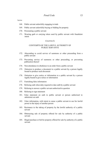 Penal Code 13
Section
168. Public servant unlawfully engaging in trade
169. Public servant unlawfully buying or bidding for property
170. Personating a public servant
171. Wearing garb or carrying token used by public servant with fraudulent
intent
CHAPTER X
CONTEMPTS OF THE LAWFUL AUTHORITY OF
PUBLIC SERVANTS
172. Absconding to avoid service of summons or other proceeding from a
public servant
173. Preventing service of summons or other proceeding, or preventing
publication thereof
174. Non-attendance in obedience to an order from a public servant
175. Omission to produce a document to a public servant by a person legally
bound to produce such document
176. Omission to give notice or information to a public servant by a person
legally bound to give notice or information
177. Furnishing false information
178. Refusing oath when duly required to take oath by a public servant
179. Refusing to answer a public servant authorized to question
180. Refusing to sign statement
181. False statement on oath to public servant or person authorized to
administer an oath
182. False information, with intent to cause a public servant to use his lawful
power to the injury of another person
183. Resistance to the taking of property by the lawful authority of a public
servant
184. Obstructing sale of property offered for sale by authority of a public
servant
185. Illegal purchase or bid for property offered for sale by authority of a public
servant
 