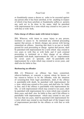 Penal Code 131
or fraudulently causes a decree or order to be executed against
any person after it has been satisfied, or for anything in respect
of which it has been satisfied, or fraudulently suffers or permits
any such act to be done in his name, shall be punished
with imprisonment for a term which may extend to two years or
with fine or with both.
False charge of offence made with intent to injure
211. Whoever, with intent to cause injury to any person,
institutes or causes to be instituted any criminal proceeding
against that person, or falsely charges any person with having
committed an offence, knowing that there is no just or lawful
ground for such proceeding or charge against that person, shall
be punished with imprisonment for a term which may extend to
two years or with fine or with both; and if such criminal
proceeding is instituted on a false charge of an offence
punishable with death, imprisonment for life, or imprisonment
for seven years or upwards, shall be punishable with
imprisonment for a term which may extend to seven years, and
shall also be liable to fine.
Harbouring an offender
212. (1) Whenever an offence has been committed,
whoever harbours or conceals a person whom he knows or
has reason to believe to be the offender, with the intention
of screening him from legal punishment, shall, if the offence
is punishable with death, be punished with imprisonment for
a term which may extend to five years, and shall also be liable
to fine; and if the offence is punishable with imprisonment for
life, or with imprisonment which may extend to ten years, shall
be punished with imprisonment for a term which may extend to
three years, and shall also be liable to fine; and if the offence is
punishable with imprisonment which may extend to one year
but less than ten years, shall be punished with imprisonment for
a term which may extend to one-fourth part of the longest term
of imprisonment provided for the offence or with fine or with
both.
 