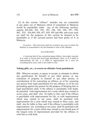 132 Laws of Malaysia ACT 574
(2) In this section “offence” includes any act committed
at any place out of Malaysia which if committed in Malaysia
would be punishable under any of the following sections,
namely, 302,304, 382, 392, 393, 394, 395, 396, 397, 399,
402, 435, 436,449, 450, 457, 458, 459 and 460, and every such
act shall for the purposes of this section be deemed to be
punishable as if the accused person had been guilty of it in
Malaysia.
Exception—This provision shall not extend to any case in which the
harbour or concealment is by the husband or wife of the offender.
ILLUSTRATION
A, knowing that B, has committed gang-robbery, knowingly conceals
B in order to screen him from legal punishment. Here, as B is liable to
imprisonment for life, A is liable to imprisonment for a term not
exceeding three years, and is also liable to fine.
Taking gifts, etc., to screen an offender from punishment
213. Whoever accepts, or agrees to accept, or attempts to obtain
any gratification for himself or any other person, or any
restitution of property to himself or any other person, in
consideration of his concealing an offence, or of his screening
any person from legal punishment for any offence, or of his not
proceeding against any person for the purpose of bringing him to
legal punishment shall, if the offence is punishable with death,
be punished with imprisonment for a term which may extend to
seven years, and shall also be liable to fine; and if the offence
is punishable with imprisonment for life, or with imprisonment
which may extend to ten years, shall be punished with
imprisonment for a term which may extend to three years, and
shall also be liable to fine; and if the offence is punishable with
imprisonment not extending to ten years, shall be punished with
imprisonment for a term which may extend to one-fourth part of
the longest term of imprisonment provided for the offence or
with fine or with both.
 