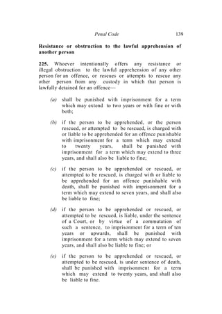 Penal Code 139
Resistance or obstruction to the lawful apprehension of
another person
225. Whoever intentionally offers any resistance or
illegal obstruction to the lawful apprehension of any other
person for an offence, or rescues or attempts to rescue any
other person from any custody in which that person is
lawfully detained for an offence—
(a) shall be punished with imprisonment for a term
which may extend to two years or with fine or with
both;
(b) if the person to be apprehended, or the person
rescued, or attempted to be rescued, is charged with
or liable to be apprehended for an offence punishable
with imprisonment for a term which may extend
to twenty years, shall be punished with
imprisonment for a term which may extend to three
years, and shall also be liable to fine;
(c) if the person to be apprehended or rescued, or
attempted to be rescued, is charged with or liable to
be apprehended for an offence punishable with
death, shall be punished with imprisonment for a
term which may extend to seven years, and shall also
be liable to fine;
(d) if the person to be apprehended or rescued, or
attempted to be rescued, is liable, under the sentence
of a Court, or by virtue of a commutation of
such a sentence, to imprisonment for a term of ten
years or upwards, shall be punished with
imprisonment for a term which may extend to seven
years, and shall also be liable to fine; or
(e) if the person to be apprehended or rescued, or
attempted to be rescued, is under sentence of death,
shall be punished with imprisonment for a term
which may extend to twenty years, and shall also
be liable to fine.
 