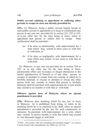 140 Laws of Malaysia ACT 574
Public servant omitting to apprehend or suffering other
persons to escape in cases not already provided for
225A. (1) Whoever, being a public servant legally bound as
such public servant to apprehend or to keep in confinement any
person in any case not provided for in section 221, 222 or 223,
or in any other law for the time being in force, omits to
apprehend that person or suffers him to escape from
confinement shall be punished—
(a) if he does so intentionally, with imprisonment for a
term which may extend to three years or with fine
or with both; or
(b) if he does so negligently, with imprisonment for a
term which may extend to two years or with fine or
with both.
(2) Whoever, in any case not provided for in section 224 or
225, or in any other law for the time being in force,
intentionally offers any resistance or illegal obstruction to the
lawful apprehension of himself or of any other person, or
escapes or attempts to escape from any custody in which he is
lawfully detained, or rescues or attempts to rescue any other
person from any custody in which that person is lawfully
detained, shall be punished with imprisonment for a term which
may extend to six months or with fine or with both.
Offences against laws of Malaysia where no special
punishment is provided
225B. Whoever does anything which by any law in force
in Malaysia he is prohibited from doing, or omits to do
anything which he is so enjoined to do, shall, when no special
punishment is provided by the law for such commission or
omission, be punished with*
imprisonment for a term which
may extend to twelve months or with fine which may extend
to two thousand ringgit or with both.
*
NOTE— Previously “fine not exceeding four hundred ringgit”- see section
4 of the Penal Code (Amendment) Act 2006 [Act A1273].
 