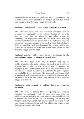 Penal Code 155
combustible matter, shall be punished with imprisonment for
a term which may extend to six months or with fine which
may extend to two thousand ringgit or with both.
Negligent conduct with respect to any explosive substance
286. Whoever does, with any explosive substance, any act
so rashly or negligently as to endanger human life, or to be
likely to cause hurt or injury to any other person, or
knowingly or negligently omits to take such order with any
explosive substance in his possession as is sufficient to guard
against any probable danger to human life from that substance,
shall be punished with imprisonment for a term which may
extend to six months or with fine which may extend to two
thousand ringgit or with both.
Negligent conduct with respect to any machinery in the
possession or under the charge of the offender
287. Whoever does, with any machinery, any act so
rashly or negligently as to endanger human life, or to be likely
to cause hurt or injury to any other person, or knowingly or
negligently omits to take such order with any machinery in his
possession or under his care as is sufficient to guard against
any probable danger to human life from such machinery, shall
be punished with imprisonment for a term which may extend to
six months or with fine which may extend to two thousand
ringgit or with both.
Negligence with respect to pulling down or repairing
buildings
288. Whoever, in pulling down or repairing any building,
knowingly or negligently omits to take such order with that
building as is sufficient to guard against any probable danger
to human life from the fall of that building, or of any part
thereof, shall be punished with imprisonment for a term which
may extend to six months or with fine which may extend to two
thousand ringgit or with both.
 