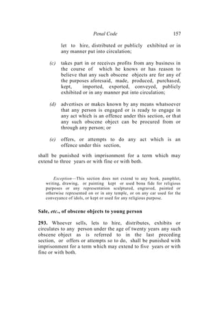 Penal Code 157
let to hire, distributed or publicly exhibited or in
any manner put into circulation;
(c) takes part in or receives profits from any business in
the course of which he knows or has reason to
believe that any such obscene objects are for any of
the purposes aforesaid, made, produced, purchased,
kept, imported, exported, conveyed, publicly
exhibited or in any manner put into circulation;
(d) advertises or makes known by any means whatsoever
that any person is engaged or is ready to engage in
any act which is an offence under this section, or that
any such obscene object can be procured from or
through any person; or
(e) offers, or attempts to do any act which is an
offence under this section,
shall be punished with imprisonment for a term which may
extend to three years or with fine or with both.
Exception—This section does not extend to any book, pamphlet,
writing, drawing, or painting kept or used bona fide for religious
purposes or any representation sculptured, engraved, painted or
otherwise represented on or in any temple, or on any car used for the
conveyance of idols, or kept or used for any religious purpose.
Sale, etc., of obscene objects to young person
293. Whoever sells, lets to hire, distributes, exhibits or
circulates to any person under the age of twenty years any such
obscene object as is referred to in the last preceding
section, or offers or attempts so to do, shall be punished with
imprisonment for a term which may extend to five years or with
fine or with both.
 