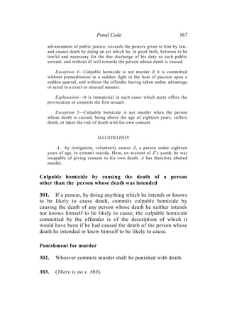 Penal Code 167
advancement of public justice, exceeds the powers given to him by law,
and causes death by doing an act which he, in good faith, believes to be
lawful and necessary for the due discharge of his duty as such public
servant, and without ill will towards the person whose death is caused.
Exception 4—Culpable homicide is not murder if it is committed
without premeditation in a sudden fight in the heat of passion upon a
sudden quarrel, and without the offender having taken undue advantage
or acted in a cruel or unusual manner.
Explanation—It is immaterial in such cases which party offers the
provocation or commits the first assault.
Exception 5—Culpable homicide is not murder when the person
whose death is caused, being above the age of eighteen years, suffers
death, or takes the risk of death with his own consent.
ILLUSTRATION
A, by instigation, voluntarily causes Z, a person under eighteen
years of age, to commit suicide. Here, on account of Z’s youth, he was
incapable of giving consent to his own death. A has therefore abetted
murder.
Culpable homicide by causing the death of a person
other than the person whose death was intended
301. If a person, by doing anything which he intends or knows
to be likely to cause death, commits culpable homicide by
causing the death of any person whose death he neither intends
nor knows himself to be likely to cause, the culpable homicide
committed by the offender is of the description of which it
would have been if he had caused the death of the person whose
death he intended or knew himself to be likely to cause.
Punishment for murder
302. Whoever commits murder shall be punished with death.
303. (There is no s. 303).
 