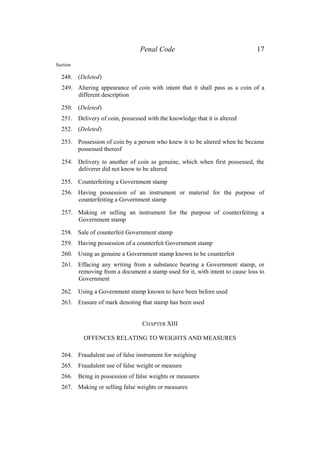 Penal Code 17
Section
248. (Deleted)
249. Altering appearance of coin with intent that it shall pass as a coin of a
different description
250. (Deleted)
251. Delivery of coin, possessed with the knowledge that it is altered
252. (Deleted)
253. Possession of coin by a person who knew it to be altered when he became
possessed thereof
254. Delivery to another of coin as genuine, which when first possessed, the
deliverer did not know to be altered
255. Counterfeiting a Government stamp
256. Having possession of an instrument or material for the purpose of
counterfeiting a Government stamp
257. Making or selling an instrument for the purpose of counterfeiting a
Government stamp
258. Sale of counterfeit Government stamp
259. Having possession of a counterfeit Government stamp
260. Using as genuine a Government stamp known to be counterfeit
261. Effacing any writing from a substance bearing a Government stamp, or
removing from a document a stamp used for it, with intent to cause loss to
Government
262. Using a Government stamp known to have been before used
263. Erasure of mark denoting that stamp has been used
CHAPTER XIII
OFFENCES RELATING TO WEIGHTS AND MEASURES
264. Fraudulent use of false instrument for weighing
265. Fraudulent use of false weight or measure
266. Being in possession of false weights or measures
267. Making or selling false weights or measures
 