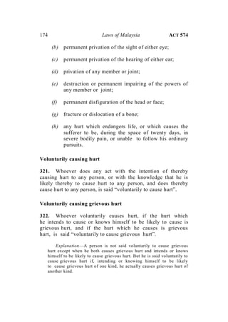 174 Laws of Malaysia ACT 574
(b) permanent privation of the sight of either eye;
(c) permanent privation of the hearing of either ear;
(d) privation of any member or joint;
(e) destruction or permanent impairing of the powers of
any member or joint;
(f) permanent disfiguration of the head or face;
(g) fracture or dislocation of a bone;
(h) any hurt which endangers life, or which causes the
sufferer to be, during the space of twenty days, in
severe bodily pain, or unable to follow his ordinary
pursuits.
Voluntarily causing hurt
321. Whoever does any act with the intention of thereby
causing hurt to any person, or with the knowledge that he is
likely thereby to cause hurt to any person, and does thereby
cause hurt to any person, is said “voluntarily to cause hurt”.
Voluntarily causing grievous hurt
322. Whoever voluntarily causes hurt, if the hurt which
he intends to cause or knows himself to be likely to cause is
grievous hurt, and if the hurt which he causes is grievous
hurt, is said “voluntarily to cause grievous hurt”.
Explanation—A person is not said voluntarily to cause grievous
hurt except when he both causes grievous hurt and intends or knows
himself to be likely to cause grievous hurt. But he is said voluntarily to
cause grievous hurt if, intending or knowing himself to be likely
to cause grievous hurt of one kind, he actually causes grievous hurt of
another kind.
 