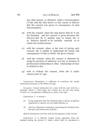 196 Laws of Malaysia ACT 574
any other person, or obtained under a misconception
of fact and the man knows or has reason to believe
that the consent was given in consequence of such
misconception;
(d) with her consent, when the man knows that he is not
her husband, and her consent is given because she
believes that he is another man to whom she is
or believes herself to be lawfully married or to
whom she would consent;
(e) with her consent, when, at the time of giving such
consent, she is unable to understand the nature and
consequences of that to which she gives consent;
(f) with her consent, when the consent is obtained by
using his position of authority over her or because of
professional relationship or other relationship of trust
in relation to her;
(g) with or without her consent, when she is under
sixteen years of age.
Explanation—Penetration is sufficient to constitute the sexual
intercourse necessary to the offence of rape.
Exception—Sexual intercourse by a man with his own wife by a
marriage which is valid under any written law for the time being
in force, or is recognized in Malaysia as valid, is not rape.
Explanation 1—A woman—
(a) living separately from her husband under a decree of judicial
separation or a decree nisi not made absolute; or
(b) who has obtained an injunction restraining her husband from
having sexual intercourse with her,
shall be deemed not to be his wife for the purposes of this section.
Explanation 2—A Muslim woman living separately from her
husband during the period of ‘iddah, which shall be calculated in
 