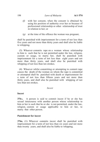 198 Laws of Malaysia ACT 574
(f) with her consent, when the consent is obtained by
using his position of authority over her or because of
professional relationship or other relationship of trust
in relation to her; or
(g) at the time of the offence the woman was pregnant,
shall be punished with imprisonment for a term of not less than
five years and not more than thirty years and shall also be liable
to whipping.
(3) Whoever commits rape on a woman whose relationship
to him is such that he is not permitted under the law, religion,
custom or usage, to marry her, shall be punished with
imprisonment for a term of not less than eight years and not
more than thirty years, and shall also be punished with
whipping of not less than ten strokes.
(4) Whoever whilst committing or attempting to commit rape
causes the death of the woman on whom the rape is committed
or attempted shall be punished with death or imprisonment for
a term of not less than fifteen years and not more than
thirty years, and shall also be punished with whipping of not
less than ten strokes.
Incest
Incest
376A. A person is said to commit incest if he or she has
sexual intercourse with another person whose relationship to
him or her is such that he or she is not permitted, under the law,
religion, custom or usage applicable to him or her, to
marry that other person.
Punishment for incest
376B. (1) Whoever commits incest shall be punished with
imprisonment for a term of not less than six years and not more
than twenty years, and shall also be liable to whipping.
 