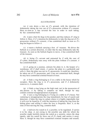 202 Laws of Malaysia ACT 574
ILLUSTRATIONS
(a) A cuts down a tree on Z’s ground, with the intention of
dishonestly taking the tree out of Z’s possession without Z’s consent.
Here, as soon as A has severed the tree in order to such taking,
he has committed theft.
(b) A puts a bait for dogs in his pocket, and thus induces Z’s dog to
follow it. Here, if A’s intention be dishonestly to take the dog out of Z’s
possession without Z’s consent, A has committed theft as soon as Z’s
dog has begun to follow A.
(c) A meets a bullock carrying a box of treasure. He drives the
bullock in a certain direction, in order that he may dishonestly take the
treasure. As soon as the bullock begins to move, A has committed theft
of the treasure.
(d) A, being Z’s servant and entrusted by Z with the care of
Z’s plate, dishonestly runs away with the plate without Z’s consent. A
has committed theft.
(e) Z, going on a journey, entrusts his plate to A, the keeper of a
warehouse, till Z shall return. A carries the plate to a goldsmith and
sells it. Here the plate was not in Z’s possession. It could not, therefore,
be taken out of Z’s possession, and A has not committed theft, though
he may have committed criminal breach of trust.
(f) A finds a ring belonging to Z on a table in the house which he
occupies. Here the ring is in Z’s possession, and if A dishonestly
removes it, A commits theft.
(g) A finds a ring lying on the high road, not in the possession of
any person. A by taking it commits no theft, though he may
commit criminal misappropriation of property.
(h) A sees a ring belonging to Z lying on a table in Z’s house. Not
venturing to misappropriate the ring immediately for fear of search and
detection, A hides the ring in a place where it is highly improbable that
it will ever be found by Z, with the intention of taking the ring from the
hiding place and selling it when the loss is forgotten. Here A, at the
time of first moving the ring, commits theft.
(i) A delivers his watch to Z, a jeweller, to be regulated. Z carries
it to his shop. A, not owing to the jeweller any debt for which the
jeweller might lawfully detain the watch as a security, enters the shop
openly, take his watch by force out of Z’s hand, and carries it away.
Here A, though he may have committed criminal trespass and assault,
 