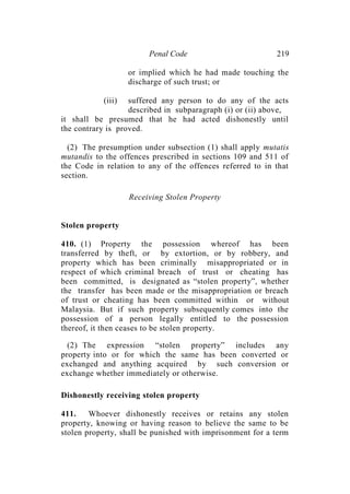 Penal Code 219
or implied which he had made touching the
discharge of such trust; or
(iii) suffered any person to do any of the acts
described in subparagraph (i) or (ii) above,
it shall be presumed that he had acted dishonestly until
the contrary is proved.
(2) The presumption under subsection (1) shall apply mutatis
mutandis to the offences prescribed in sections 109 and 511 of
the Code in relation to any of the offences referred to in that
section.
Receiving Stolen Property
Stolen property
410. (1) Property the possession whereof has been
transferred by theft, or by extortion, or by robbery, and
property which has been criminally misappropriated or in
respect of which criminal breach of trust or cheating has
been committed, is designated as “stolen property”, whether
the transfer has been made or the misappropriation or breach
of trust or cheating has been committed within or without
Malaysia. But if such property subsequently comes into the
possession of a person legally entitled to the possession
thereof, it then ceases to be stolen property.
(2) The expression “stolen property” includes any
property into or for which the same has been converted or
exchanged and anything acquired by such conversion or
exchange whether immediately or otherwise.
Dishonestly receiving stolen property
411. Whoever dishonestly receives or retains any stolen
property, knowing or having reason to believe the same to be
stolen property, shall be punished with imprisonment for a term
 
