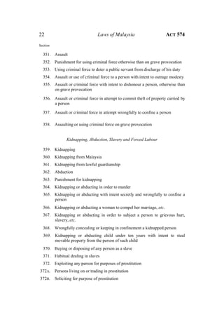 22 Laws of Malaysia ACT 574
Section
351. Assault
352. Punishment for using criminal force otherwise than on grave provocation
353. Using criminal force to deter a public servant from discharge of his duty
354. Assault or use of criminal force to a person with intent to outrage modesty
355. Assault or criminal force with intent to dishonour a person, otherwise than
on grave provocation
356. Assault or criminal force in attempt to commit theft of property carried by
a person
357. Assault or criminal force in attempt wrongfully to confine a person
358. Assaulting or using criminal force on grave provocation
Kidnapping, Abduction, Slavery and Forced Labour
359. Kidnapping
360. Kidnapping from Malaysia
361. Kidnapping from lawful guardianship
362. Abduction
363. Punishment for kidnapping
364. Kidnapping or abducting in order to murder
365. Kidnapping or abducting with intent secretly and wrongfully to confine a
person
366. Kidnapping or abducting a woman to compel her marriage, etc.
367. Kidnapping or abducting in order to subject a person to grievous hurt,
slavery, etc.
368. Wrongfully concealing or keeping in confinement a kidnapped person
369. Kidnapping or abducting child under ten years with intent to steal
movable property from the person of such child
370. Buying or disposing of any person as a slave
371. Habitual dealing in slaves
372. Exploiting any person for purposes of prostitution
372A. Persons living on or trading in prostitution
372B. Soliciting for purpose of prostitution
 
