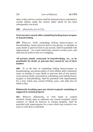 236 Laws of Malaysia ACT 574
other of the said two sections shall be deemed to have committed a
second offence under the section under which he has been
subsequently convicted.
458. (Deleted by Act A1273).
Grievous hurt caused while committing lurking house-trespass
or housebreaking
459. Whoever, while committing lurking house-trespass or
housebreaking, causes grievous hurt to any person, or attempts to
cause death or grievous hurt to any person, shall be punished with
imprisonment for a term which may extend to twenty years, and
shall also be liable to fine or to whipping.
All persons jointly concerned in housebreaking, etc., to be
punishable for death, or grievous hurt caused by one of their
number
460. If, at the time of committing lurking house-trespass or
housebreaking, any person guilty of such offence shall voluntarily
cause or attempt to cause death or grievous hurt of any person,
every person jointly concerned in committing such lurking house-
trespass or housebreaking, shall be punished with imprisonment
for a term which may extend to*thirty years, and shall also be
liable to fine.
Dishonestly breaking open any closed receptacle containing or
supposed to contain property
461. Whoever dishonestly, or with intent to commit
mischief, breaks open or unfastens any closed receptacle which
contains or which he believes to contain property, shall be
punished with imprisonment for a term which may extend to two
years or with fine or with both.
 