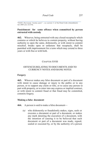 Penal Code 237
*NOTE- Previously “twenty years” – see section 11 of the Penal Code (Amendment)
Act 2003 [Act A1210].
Punishment for same offence when committed by person
entrusted with custody
462. Whoever, being entrusted with any closed receptacle which
contains or which he believes to contain property, without having
authority to open the same, dishonestly, or with intent to commit
mischief, breaks open or unfastens that receptacle, shall be
punished with imprisonment for a term which may extend to three
years or with fine or with both.
CHAPTER XVIII
OFFENCES RELATING TO DOCUMENTS AND TO
CURRENCY NOTES AND BANK NOTES
Forgery
463. Whoever makes any false document or part of a document
with intent to cause damage or injury to the public or to any
person, or to support any claim or title, or to cause any person to
part with property, or to enter into any express or implied contract,
or with intent to commit fraud or that fraud may be committed,
commits forgery.
Making a false document
464. A person is said to make a false document—
(a) who dishonestly or fraudulently makes, signs, seals or
executes a document or part of a document, or makes
any mark denoting the execution of a document, with
the intention of causing it to be believed that such
document or part of a document was made, signed,
sealed or executed by, or by the authority of a person
 
