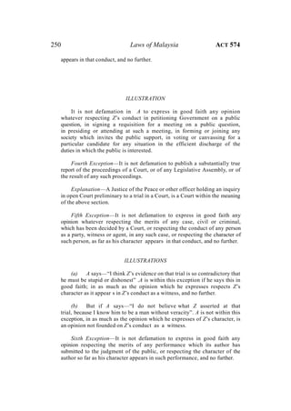 250 Laws of Malaysia ACT 574
appears in that conduct, and no further.
ILLUSTRATION
It is not defamation in A to express in good faith any opinion
whatever respecting Z’s conduct in petitioning Government on a public
question, in signing a requisition for a meeting on a public question,
in presiding or attending at such a meeting, in forming or joining any
society which invites the public support, in voting or canvassing for a
particular candidate for any situation in the efficient discharge of the
duties in which the public is interested.
Fourth Exception—It is not defamation to publish a substantially true
report of the proceedings of a Court, or of any Legislative Assembly, or of
the result of any such proceedings.
Explanation—A Justice of the Peace or other officer holding an inquiry
in open Court preliminary to a trial in a Court, is a Court within the meaning
of the above section.
Fifth Exception—It is not defamation to express in good faith any
opinion whatever respecting the merits of any case, civil or criminal,
which has been decided by a Court, or respecting the conduct of any person
as a party, witness or agent, in any such case, or respecting the character of
such person, as far as his character appears in that conduct, and no further.
ILLUSTRATIONS
(a) A says—“I think Z’s evidence on that trial is so contradictory that
he must be stupid or dishonest” .A is within this exception if he says this in
good faith; in as much as the opinion which he expresses respects Z’s
character as it appear s in Z’s conduct as a witness, and no further.
(b) But if A says—“I do not believe what Z asserted at that
trial, because I know him to be a man without veracity”. A is not within this
exception, in as much as the opinion which he expresses of Z’s character, is
an opinion not founded on Z’s conduct as a witness.
Sixth Exception—It is not defamation to express in good faith any
opinion respecting the merits of any performance which its author has
submitted to the judgment of the public, or respecting the character of the
author so far as his character appears in such performance, and no further.
 