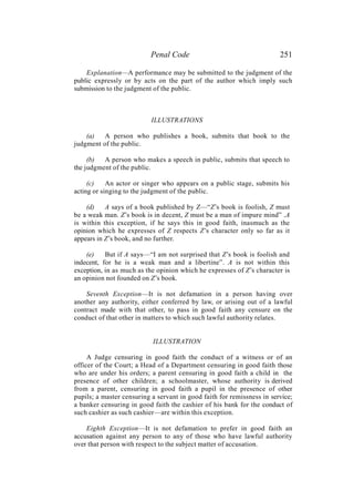 Penal Code 251
Explanation—A performance may be submitted to the judgment of the
public expressly or by acts on the part of the author which imply such
submission to the judgment of the public.
ILLUSTRATIONS
(a) A person who publishes a book, submits that book to the
judgment of the public.
(b) A person who makes a speech in public, submits that speech to
the judgment of the public.
(c) An actor or singer who appears on a public stage, submits his
acting or singing to the judgment of the public.
(d) A says of a book published by Z—“Z’s book is foolish, Z must
be a weak man. Z’s book is in decent, Z must be a man of impure mind” .A
is within this exception, if he says this in good faith, inasmuch as the
opinion which he expresses of Z respects Z’s character only so far as it
appears in Z’s book, and no further.
(e) But if A says—“I am not surprised that Z’s book is foolish and
indecent, for he is a weak man and a libertine”. A is not within this
exception, in as much as the opinion which he expresses of Z’s character is
an opinion not founded on Z’s book.
Seventh Exception—It is not defamation in a person having over
another any authority, either conferred by law, or arising out of a lawful
contract made with that other, to pass in good faith any censure on the
conduct of that other in matters to which such lawful authority relates.
ILLUSTRATION
A Judge censuring in good faith the conduct of a witness or of an
officer of the Court; a Head of a Department censuring in good faith those
who are under his orders; a parent censuring in good faith a child in the
presence of other children; a schoolmaster, whose authority is derived
from a parent, censuring in good faith a pupil in the presence of other
pupils; a master censuring a servant in good faith for remissness in service;
a banker censuring in good faith the cashier of his bank for the conduct of
such cashier as such cashier—are within this exception.
Eighth Exception—It is not defamation to prefer in good faith an
accusation against any person to any of those who have lawful authority
over that person with respect to the subject matter of accusation.
 