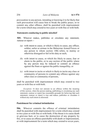 254 Laws of Malaysia ACT 574
provocation to any person, intending or knowing it to be likely that
such provocation will cause him to break the public peace, or to
commit any other offence, shall be punished with imprisonment
for a term which may extend to two years or with fine or with both.
Statements conducing to public mischief
505. Whoever makes, publishes or circulates any statement,
rumour or report—
(a) with intent to cause, or which is likely to cause, any officer,
soldier, sailor or airman in the Malaysian Armed Forces or
any person to whom section 140B refers, to mutiny or
otherwise disregard or fail in his duty as such;
(b) with intent to cause, or which his likely to cause, fear or
alarm to the public, or to any section of the public where
by any person may be induced to commit an offence
against the State or against the public tranquillity; or
(c) with intent to incite or which is likely to incite any class or
community of persons to commit any offence against any
other class or community of persons,
shall be punished with imprisonment which may extend to two
years or with fine or with both.
Exception—It does not amount to an offence within the meaning
of this section, when the person making, publishing or circulating any such
statement, rumour or report has reasonable grounds for believing that such
statement, rumour or report is true and makes, publishes or circulates it
without any such intent as aforesaid.
Punishment for criminal intimidation
506. Whoever commits the offence of criminal intimidation
shall be punished with imprisonment for a term which may extend
to two years or with fine or with both; if the threat is to cause death
or grievous hurt, or to cause the destruction of any property by
fire, or to cause an offence punishable with death or imprisonment,
or with imprisonment for a term which may extend to seven years,
 