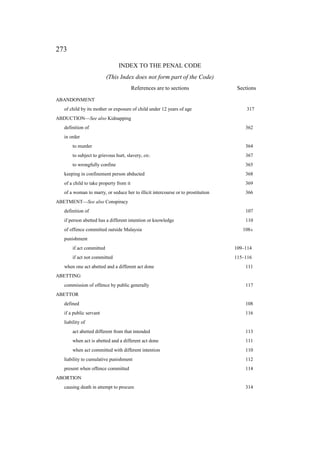 273
INDEX TO THE PENAL CODE
(This Index does not form part of the Code)
References are to sections Sections
ABANDONMENT
of child by its mother or exposure of child under 12 years of age 317
ABDUCTION—See also Kidnapping
definition of 362
in order
to murder 364
to subject to grievous hurt, slavery, etc. 367
to wrongfully confine 365
keeping in confinement person abducted 368
of a child to take property from it 369
of a woman to marry, or seduce her to illicit intercourse or to prostitution 366
ABETMENT—See also Conspiracy
definition of 107
if person abetted has a different intention or knowledge 110
of offence committed outside Malaysia 108A
punishment
if act committed 109–114
if act not committed 115–116
when one act abetted and a different act done 111
ABETTING
commission of offence by public generally 117
ABETTOR
defined 108
if a public servant 116
liability of
act abetted different from that intended 113
when act is abetted and a different act done 111
when act committed with different intention 110
liability to cumulative punishment 112
present when offence committed 114
ABORTION
causing death in attempt to procure 314
 