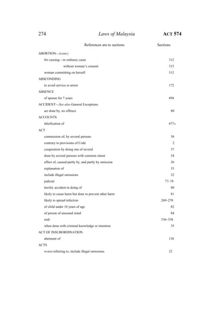 274 Laws of Malaysia ACT 574
References are to sections Sections
ABORTION—(cont.)
for causing—in ordinary cases 312
without woman’s consent 313
woman committing on herself 312
ABSCONDING
to avoid service or arrest 172
ABSENCE
of spouse for 7 years 494
ACCIDENT—See also General Exceptions
act done by, no offence 80
ACCOUNTS
falsification of 477A
ACT
commission of, by several persons 38
contrary to provisions of Code 2
cooperation by doing one of several 37
done by several persons with common intent 34
effect of, caused partly by, and partly by omission 36
explanation of 33
include illegal omissions 32
judicial 77–78
lawful, accident in doing of 80
likely to cause harm but done to prevent other harm 81
likely to spread infection 269–270
of child under 10 years of age 82
of person of unsound mind 84
rash 336–338
when done with criminal knowledge or intention 35
ACT OF INSUBORDINATION
abetment of 138
ACTS
WORDS referring to, include illegal omissions 32
 