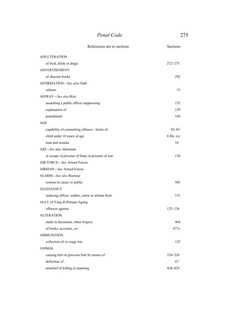 Penal Code 275
References are to sections Sections
ADULTERATION
of food, drink or drugs 272–275
ADVERTISEMENT
of obscene books 292
AFFIRMATION—See also Oath
solemn 51
AFFRAY—See also Riot
assaulting a public officer suppressing 152
explanation of 159
punishment 160
AGE
capability of committing offence—limits of 82–83
child under 10 years of age 6 Ills. (a)
man and woman 10
AID—See also Abetment
in escape of prisoner of State or prisoner of war 130
AIR FORCE—See Armed Forces
AIRMAN—See Armed Forces
ALARM—See also Rumour
rumour to cause, to public 505
ALLEGIANCE
seducing officer, soldier, sailor or airman from 131
ALLY of Yang di-Pertuan Agong
offences against 125–126
ALTERATION
made in document, when forgery 464
of books, accounts, etc. 477A
AMMUNITION
collection of, to wage war 122
ANIMAL
causing hurt or grievous hurt by means of 324–326
definition of 47
mischief of killing or maiming 428–429
 