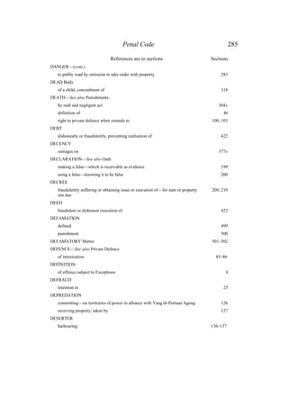 Penal Code 285
References are to sections Sections
DANGER—(cont.)
to public road by omission to take order with property 283
DEAD Body
of a child, concealment of 318
DEATH—See also Punishments
by rash and negligent act 304A
definition of 46
right to private defence when extends to 100, 103
DEBT
dishonestly or fraudulently, preventing realisation of 422
DECENCY
outrages on 377D
DECLARATION—See also Oath
making a false—which is receivable as evidence 199
using a false—knowing it to be false 200
DECREE
fraudulently suffering or obtaining issue or execution of—for sum or property 208, 210
not due
DEED
fraudulent or dishonest execution of 423
DEFAMATION
defined 499
punishment 500
DEFAMATORY Matter 501–502
DEFENCE—See also Private Defence
of intoxication 85–86
DEFINITION
of offence subject to Exceptions 6
DEFRAUD
intention to 25
DEPREDATION
committing—on territories of power in alliance with Yang di-Pertuan Agong 126
receiving property, taken by 127
DESERTER
harbouring 136–137
 