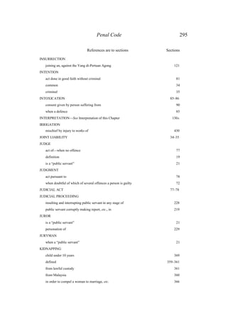 Penal Code 295
References are to sections Sections
INSURRECTION
joining an, against the Yang di-Pertuan Agong 121
INTENTION
act done in good faith without criminal 81
common 34
criminal 35
INTOXICATION 85–86
consent given by person suffering from 90
when a defence 85
INTERPRETATION—See Interpretation of this Chapter 130A
IRRIGATION
mischief by injury to works of 430
JOINT LIABILITY 34–35
JUDGE
act of—when no offence 77
definition 19
is a “public servant” 21
JUDGMENT
act pursuant to 78
when doubtful of which of several offences a person is guilty 72
JUDICIAL ACT 77–78
JUDICIAL PROCEEDING
insulting and interrupting public servant in any stage of 228
public servant corruptly making report, etc., in 219
JUROR
is a “public servant” 21
personation of 229
JURYMAN
when a “public servant” 21
KIDNAPPING
child under 10 years 369
defined 359–361
from lawful custody 361
from Malaysia 360
in order to compel a woman to marriage, etc. 366
 