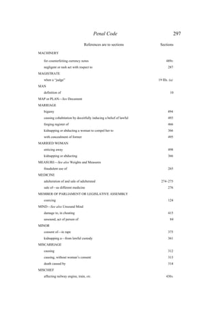 Penal Code 297
References are to sections Sections
MACHINERY
for counterfeiting currency notes 489D
negligent or rash act with respect to 287
MAGISTRATE
when a “judge” 19 Ills. (a)
MAN
definition of 10
MAP or PLAN—See Document
MARRIAGE
bigamy 494
causing cohabitation by deceitfully inducing a belief of lawful 493
forging register of 466
kidnapping or abducting a woman to compel her to 366
with concealment of former 495
MARRIED WOMAN
enticing away 498
kidnapping or abducting 366
MEASURE—See also Weights and Measures
fraudulent use of 265
MEDICINE
adulteration of and sale of adulterated 274–275
sale of—as different medicine 276
MEMBER OF PARLIAMENT OR LEGISLATIVE ASSEMBLY
coercing 124
MIND—See also Unsound Mind
damage to, in cheating 415
unsound, act of person of 84
MINOR
consent of—in rape 375
kidnapping a—from lawful custody 361
MISCARRIAGE
causing 312
causing, without woman’s consent 313
death caused by 314
MISCHIEF
affecting railway engine, train, etc. 430A
 