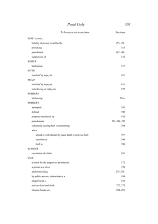 Penal Code 307
References are to sections Sections
RIOT—(cont.)
liability of person benefitted by 155–156
provoking 153
punishment 147–148
suppression of 152
RIOTER
harbouring 157
RIVER
mischief by injury to 431
ROAD
mischief by injury to 431
rash driving or riding on 279
ROBBERS
harbouring 216A
ROBBERY
attempted 393
defined 390
property transferred by 410
punishments 392–394, 397
voluntarily causing hurt in committing 394
when
armed or with attempt to cause death or grievous hurt 397
extortion is 390
theft is 390
RUMOUR
circulation of a false 505
SALE
a minor for the purpose of prostitution 372
a person as a slave 370
adulterated drug 275–276
by public servant, obstruction at a 184
illegal bid at a 185
noxious food and drink 272, 273
obscene books, etc. 292, 293
 