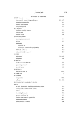 Penal Code 309
References are to sections Sections
STAMP—(cont.)
instrument for counterfeiting, marking, etc. 256–257
possession of counterfeit 259
removal from document 261
using already used 262
STATEMENT
conducing to public mischief 505
false, on oath 181
refusing to sign 180
STOLEN PROPERTY
assisting in concealment of 414
defined 410
dishonestly
receiving, etc. 411
receiving in commission of gang-robbery 412
habitually dealing in 413
taking gift to help to recover 215
SUICIDE
abetment of 305–306
attempting 309
SUMMONS
disobedience to lawful order 174
preventing service of 173
to avoid service 172
TELEGRAPH
mischief by injury to 431A
TENDER AGE 82
TERRORISM
interpretation 130B
offences 130C-130T
TESTAMENTARY DOCUMENT—See Will
THEFT
by clerk, or servant of property in possession of master 381
causing death or hurt in order to commit 382
defined 378
in dwelling house, etc. 380
property transferred by 410
running vessel ashore to commit theft 439
subsequent offence of 382A
when construed as robbery 390
 