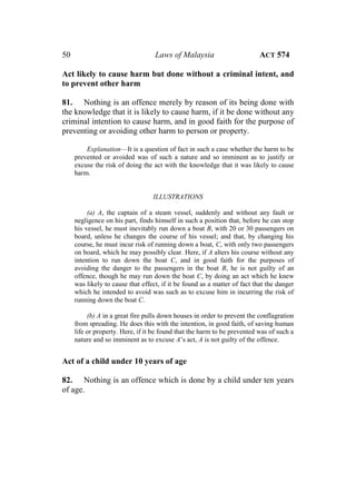 50 Laws of Malaysia ACT 574
Act likely to cause harm but done without a criminal intent, and
to prevent other harm
81. Nothing is an offence merely by reason of its being done with
the knowledge that it is likely to cause harm, if it be done without any
criminal intention to cause harm, and in good faith for the purpose of
preventing or avoiding other harm to person or property.
Explanation—It is a question of fact in such a case whether the harm to be
prevented or avoided was of such a nature and so imminent as to justify or
excuse the risk of doing the act with the knowledge that it was likely to cause
harm.
ILLUSTRATIONS
(a) A, the captain of a steam vessel, suddenly and without any fault or
negligence on his part, finds himself in such a position that, before he can stop
his vessel, he must inevitably run down a boat B, with 20 or 30 passengers on
board, unless he changes the course of his vessel; and that, by changing his
course, he must incur risk of running down a boat, C, with only two passengers
on board, which he may possibly clear. Here, if A alters his course without any
intention to run down the boat C, and in good faith for the purposes of
avoiding the danger to the passengers in the boat B, he is not guilty of an
offence, though he may run down the boat C, by doing an act which he knew
was likely to cause that effect, if it be found as a matter of fact that the danger
which he intended to avoid was such as to excuse him in incurring the risk of
running down the boat C.
(b) A in a great fire pulls down houses in order to prevent the conflagration
from spreading. He does this with the intention, in good faith, of saving human
life or property. Here, if it be found that the harm to be prevented was of such a
nature and so imminent as to excuse A’s act, A is not guilty of the offence.
Act of a child under 10 years of age
82. Nothing is an offence which is done by a child under ten years
of age.
 