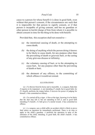 Penal Code 55
cause to a person for whose benefit it is done in good faith, even
without that person’s consent, if the circumstances are such that
it is impossible for that person to signify consent, or if that
person is incapable of giving consent, and has no guardian or
other person in lawful charge of him from whom it is possible to
obtain consent in time for the thing to be done with benefit:
Provided that, this exception shall not extend to—
(a) the intentional causing of death, or the attempting to
cause death;
(b) the doing of anything which the person doing it knows
to be likely to cause death, for any purpose other than
the preventing of death or grievous hurt, or the curing
of any grievous disease or infirmity;
(c) the voluntary causing of hurt, or to the attempting to
cause hurt, for any purpose other than the preventing
of death or hurt;
(d) the abetment of any offence, to the committing of
which offence it would not extend.
ILLUSTRATIONS
(a) Z is thrown from his horse and is insensible. A, a surgeon, finds that
Z requires to be trepanned. A, not intending Z’s death, but in good faith, for
Z’s benefit, performs the trepan before Z recovers his power of judging for
himself. A has committed no offence.
(b) Z is carried off by a tiger. A fires at the tiger, knowing it to be likely
that the shot may kill Z, but not intending to kill Z, and in good faith
intending Z’s benefit. A’s ball gives Z a mortal wound. A has committed no
offence.
(c) A, a surgeon, sees a child suffer an accident which is likely to prove
fatal unless an operation be immediately performed. There is no time to
apply to the child’s guardian. A performs the operation in spite of the
entreaties of the child, intending, in good faith, the child’s benefit. A has
committed no offence.
 