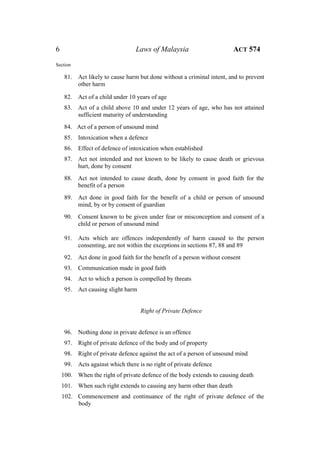 6 Laws of Malaysia ACT 574
Section
81. Act likely to cause harm but done without a criminal intent, and to prevent
other harm
82. Act of a child under 10 years of age
83. Act of a child above 10 and under 12 years of age, who has not attained
sufficient maturity of understanding
84. Act of a person of unsound mind
85. Intoxication when a defence
86. Effect of defence of intoxication when established
87. Act not intended and not known to be likely to cause death or grievous
hurt, done by consent
88. Act not intended to cause death, done by consent in good faith for the
benefit of a person
89. Act done in good faith for the benefit of a child or person of unsound
mind, by or by consent of guardian
90. Consent known to be given under fear or misconception and consent of a
child or person of unsound mind
91. Acts which are offences independently of harm caused to the person
consenting, are not within the exceptions in sections 87, 88 and 89
92. Act done in good faith for the benefit of a person without consent
93. Communication made in good faith
94. Act to which a person is compelled by threats
95. Act causing slight harm
Right of Private Defence
96. Nothing done in private defence is an offence
97. Right of private defence of the body and of property
98. Right of private defence against the act of a person of unsound mind
99. Acts against which there is no right of private defence
100. When the right of private defence of the body extends to causing death
101. When such right extends to causing any harm other than death
102. Commencement and continuance of the right of private defence of the
body
 