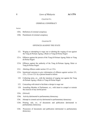 8 Laws of Malaysia ACT 574
CHAPTER VA
CRIMINAL CONSPIRACY
Section
120A. Definition of criminal conspiracy
120B. Punishment of criminal conspiracy
CHAPTER VI
OFFENCES AGAINST THE STATE
121. Waging or attempting to wage war or abetting the waging of war against
the Yang di-Pertuan Agong, a Ruler or Yang di-Pertua Negeri
121A. Offences against the person of the Yang di-Pertuan Agong, Ruler or Yang
di-Pertua Negeri
121B. Offences against the authority of the Yang di-Pertuan Agong, Ruler or
Yang di-Pertua Negeri
121C. Abetting offences under section 121A or 121B
121D. Intentional omission to give information of offences against section 121,
121A, 121B or 121C by a person bound to inform
122. Collecting arms, etc., with the intention of waging war against the Yang
di-Pertuan Agong, a Ruler or Yang di-Pertua Negeri
123. Concealing with intent to facilitate a design to wage war
124. Assaulting Member of Parliament, etc., with intent to compel or restrain
the exercise of any lawful power
124A. (Deleted)
124B. Activity detrimental to parliamentary democracy
124C. Attempt to commit activity detrimental to parliamentary democracy
124D. Printing, sale, etc., of documents and publication detrimental to
parliamentary democracy
124E. Possession of documents and publication detrimental to parliamentary
democracy
 