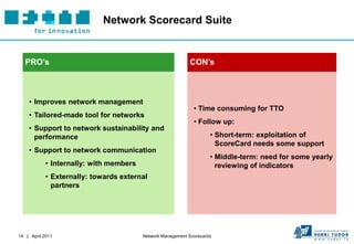 Network Scorecard Suite


   PRO’s                                                   CON’s



    • Improves network management
                                                             • Time consuming for TTO
    • Tailored-made tool for networks
                                                             • Follow up:
    • Support to network sustainability and
      performance                                                   • Short-term: exploitation of
                                                                      ScoreCard needs some support
    • Support to network communication
                                                                    • Middle-term: need for some yearly
           • Internally: with members                                 reviewing of indicators
           • Externally: towards external
             partners




14 | April 2011                         Network Management Scorecards
 